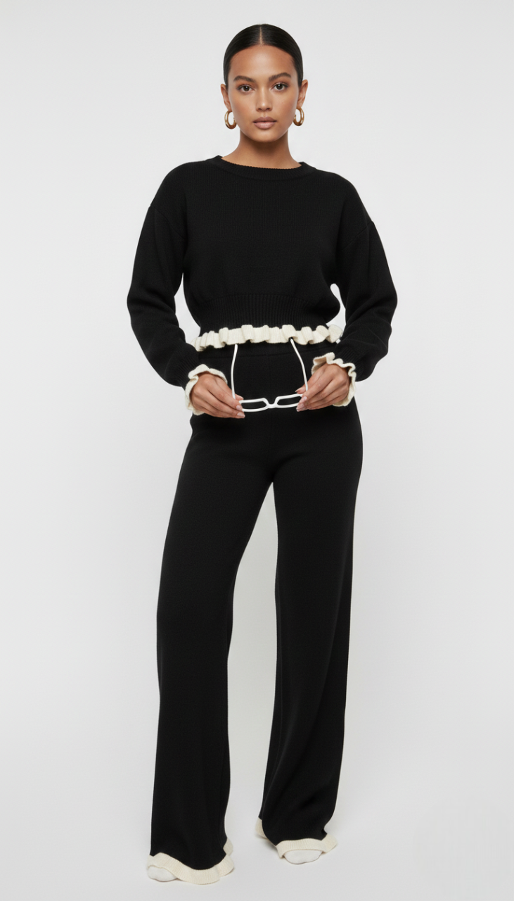 Compleu Shiraz-Set tricotat negru-cu pantaloni largi și detalii croșetate - MEQUEEN